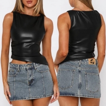 Fashion Crew Neck Sleeveless Irregular Hemline Artificial Leather PU Shirt