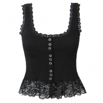 Fashion Lace Spliced Square Neck Sleeveless Front Button Tank Top
