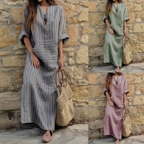 Fashion Contrast Color V-Neck Short Sleeve Kangaroo Pockets Cotton and Linen Maxi Dress
