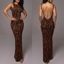 Fashion Leopard Printed Crew Neck Backless Maxi Dress
