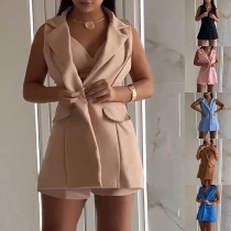 Fashion Two-piece Set Consist of Notch Lapel Double-breasted Sleeveless Vest and Shorts