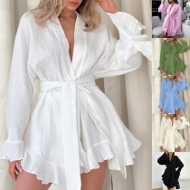 Fashion Solid Color V-neck Long Sleeveless Self-tie Ruffle Hemline Nightwear Dress
