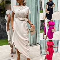Fashion Solid Color Slant Shoulder Short Sleeve Irregular Hemline Dress -without Belt