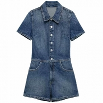 Fashion Stand Collar Short Sleeve Front Button Side Pockets Old-washed Denim Romper
