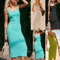 Fashion Square Neck Sleeveless Ribbed Bodycon Dress