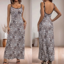 Fashion Leopard Printed Square Neck Backless Maxi Dress