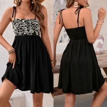 Fashion Floral Printed Self-tie Shoulder Strap Mini Dress