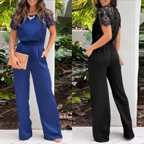 Fashion Lace Spliced Crew Neck Short Sleeve High-rise Straight-cut Jumpsuit