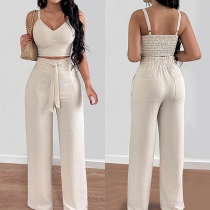 Fashion Solid Color Two-piece Set Consist of Crop Cami Top and Straight-cut Pants
