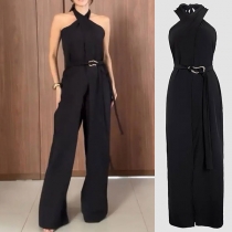 Elegant Solid Color Halterneck Self-tie Wide-leg Jumpsuit