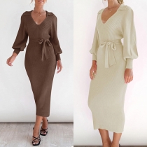 Elegant Solid Color Stand Collar Long Sleeve Self-tie Ribbed Sweater Dress
