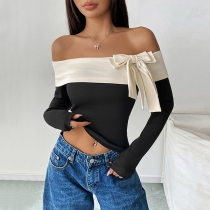 Elegant Contrast Color Off-the-shoulder Bowknot Long Sleeve Shirt