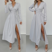 Elegant Lace Spliced V-neck Long Sleeve High-rise Side Slit Gray Midi Dress