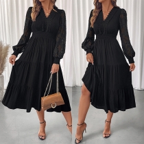 Elegant Lace Spliced V-neck Lace Spliced Long Sleeve High-rise Midi Dress