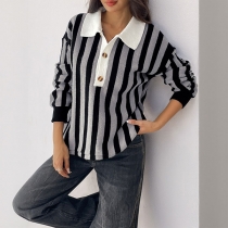 Fashion Contrast Color Vertical Striped Stand Collar Long Sleeve Sweater