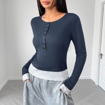 Casual Button Crew Neck Long Sleeve Contrast Color Mock-Two-piece Shirt