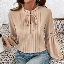 Fashion Ruffle Self-tie Crew Neck Lace Spliced Long Sleeve Pleated Shirt