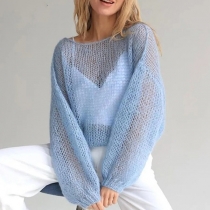 Casual Solid Color Crew Neck Long Sleeve Semi-through Loose Knitted Sweater