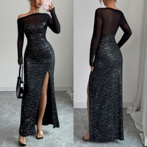 Fashion Bling-bling Gauze Spliced Slant Shoulder Long Sleeve Side Slit Maxi Party Dress