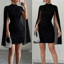 Fashion Bling-bling Crew Neck Gauze Spliced Slit Long Sleeve Bodycon Party Dress