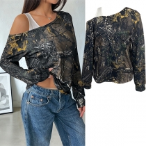 Fashion Slant Shoulder Long Sleeve Printed Shirt