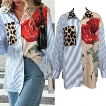 Fashion Leopard Print Color Vertical Stripe Printed Floral Printed Blouse