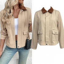 Fashion Contrast Color Stand Collar Long Sleeve Patch Pockets Front Zipper Crop Jacket