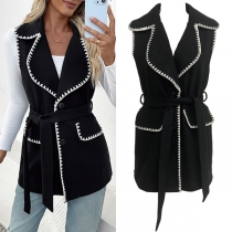 Casual Notch Lapel Vest with White Whipstitch Trim along the Edges