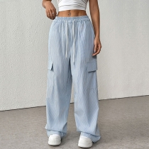 Casual Vertical Stripe Printed Side Patch Pockets Drawstring Waist Straight-cut Pants
