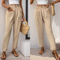 Casual Patch Pockets Elastic Waist Pants
