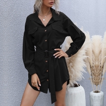 Fashion Stand Collar Long Sleeve Front Button Shirt Dress with Belt