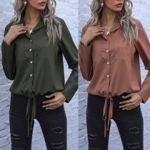 Casual Solid Color Front Button Long Sleeve Drawstring Hemline Blouse