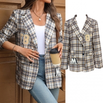Vintage Plaid Patch Pattern Notch Lapel Long Sleeve Blazer