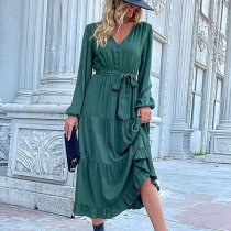 Fashion Solid Color Button V-neck Long Sleeve Tiered Dress with Belt