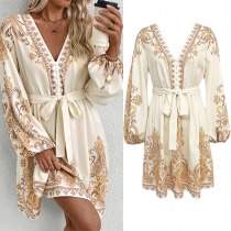 Vintage Paisley Printed V-neck Long Sleeve Self-tie Dress