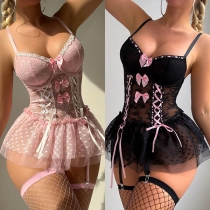 Fashion Sweetheart Neckline Lace-up Ruffle Hemline Lace Two-piece Lingerie Set