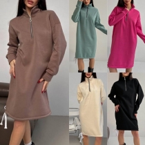 Fashion Half-zipper Stand Collar Long Sleeve Side Drawstring Sweatshirt Dress