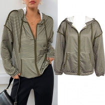 Fashion Striped Printed Long Sleeve Drawstring Hooded Front Zipper Sweatshirt Jacket