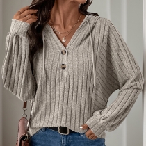 Casual Button V-neck Drawstring Hooded Batwing Long Sleeve Loose Ribbed Shirt