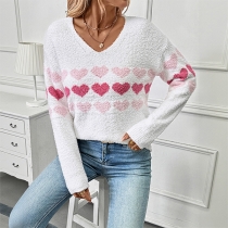 Fashion Contrast Color Heart Printed V-neck Long Sleeve Plush Shirt