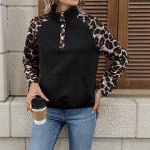 Fashion Leopard Printed Button V-neck Long Sleeve Kangaroo Pockets Sweatshirt