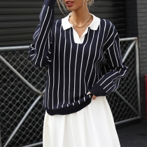 Fashion Contrast Color Stand Collar V-neck Long Sleeve Vertical Stripe Pattern Sweater