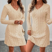 Fashion V-neck Long Sleeve Cable Pattern Knitted Bodycon Sweater Dress