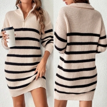 Fashion Half-zipper Neckline Long Sleeve Stripe Pattern Sweater Dress