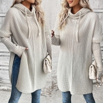 Fashion Drawstring Hooded Ribbed Long Sleeve Side Slit Longline Knitted Sweater