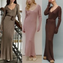 Elegant Solid Color V-neck Long Sleeve Ribbed Bodycon Maxi Sweater Dress