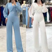 Fashion Lapel V-neck Chiffon Spliced Long Sleeve Straight-cut Jumpsuit with Belt