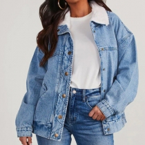 Fashion Plush Lined Stand Collar Batwing Long Sleeve Side Pockets Old-washed Denim Jacket
