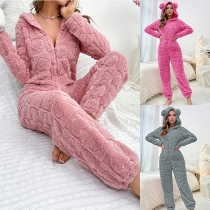 Fashion Heart Pattern Front Zipper Long Sleeve Hooded Plush Jumpsuit