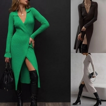 Fashion Stand Collar V-neck Long Sleeve Front Slit Ribbed Bodycon Dress